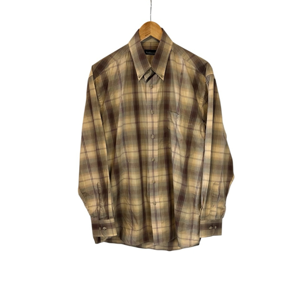 Men's Van Heusen Casual Button Down Shirt M Brown Beige Plaid